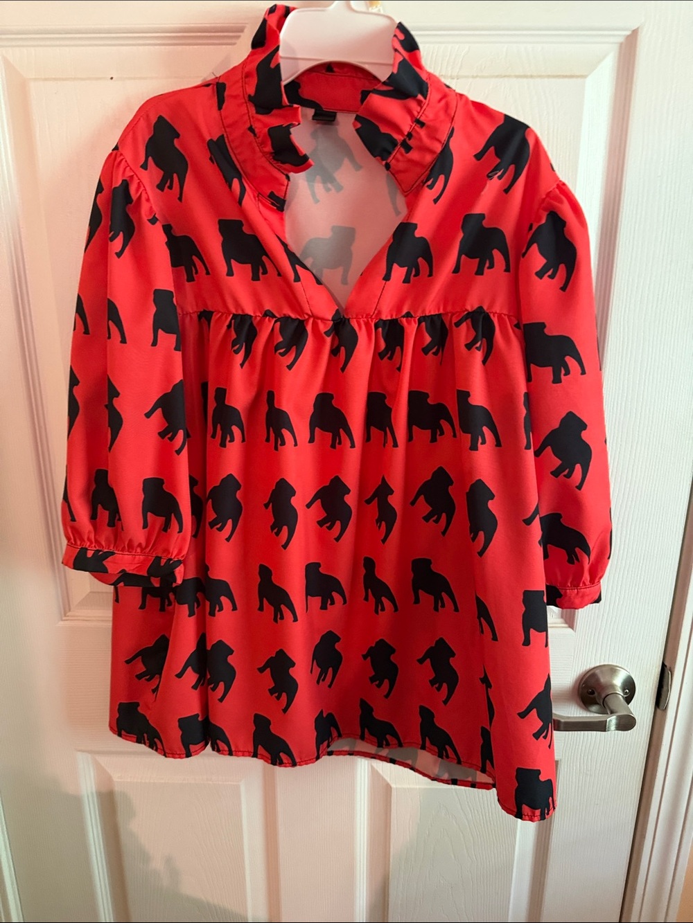 Womens Red  Bulldog Print Ruffle Neck Blouse